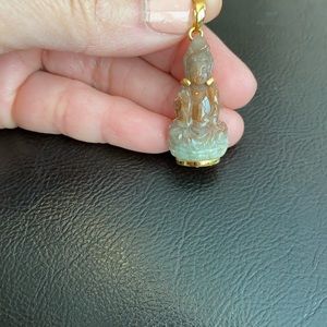 14K Solid Gold Kwan Yin Guanyin Female Buddha Natural Red Jade Pendant